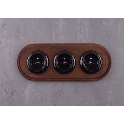 Elhard - Drievoudig keramisch retro stopcontact met afdekraam 230V zwart/donker hout