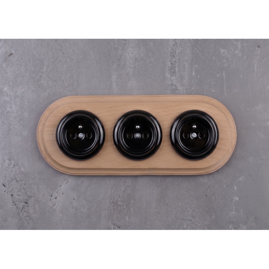 Elhard - Drievoudig keramisch retro stopcontact voor huishoudelijk gebruik met afdekraam 230V zwart/licht hout