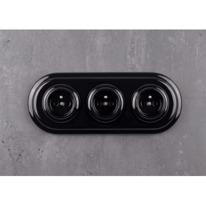 Elhard - Drievoudige keramische retro-wandcontactdoos met frame 230V zwart