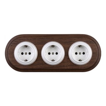 Elhard - Drievoudige keramische retro wandcontactdoos met frame SCHUKO 230V wit/donker hout