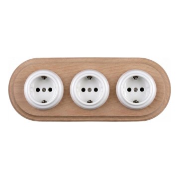 Elhard - Drievoudige keramische retro-wandcontactdoos met SCHUKO-afdekraam 230V wit/licht hout