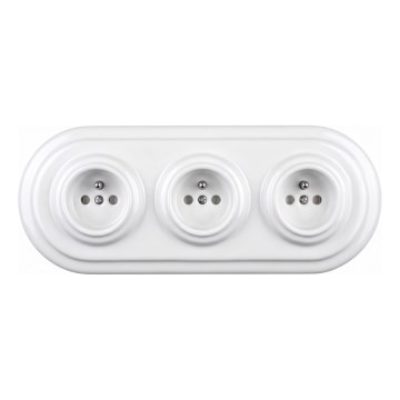 Elhard - Drievoudige keramische retro-wandcontactdoos voor huishoudelijk gebruik met afdekraam 230V wit