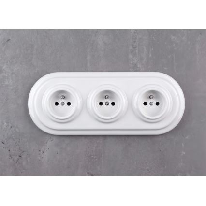 Elhard - Drievoudige keramische retro-wandcontactdoos voor huishoudelijk gebruik met afdekraam 230V wit