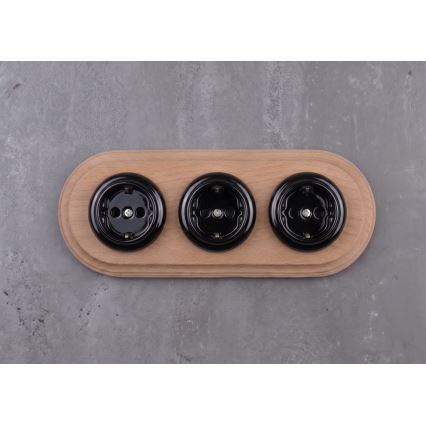 Elhard - Driedubbele keramische retro huishoudelijke wandcontactdoos met afdekraam SCHUKO 230V zwart/licht hout