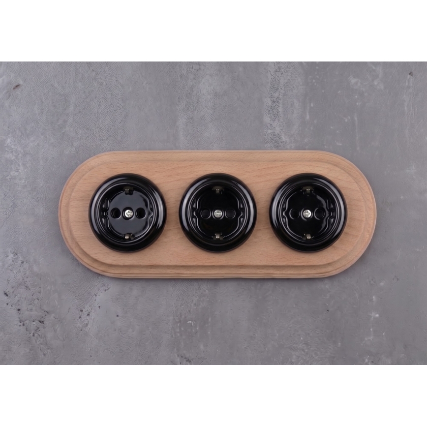 Elhard - Driedubbele keramische retro huishoudelijke wandcontactdoos met afdekraam SCHUKO 230V zwart/licht hout