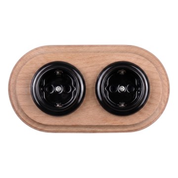 Elhard - Dubbel keramisch retro stopcontact met afdekraam SCHUKO 230V zwart/licht hout