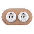 Elhard - Dubbel keramisch retro stopcontact voor huishoudelijk gebruik met afdekraam SCHUKO 230V wit/licht hout