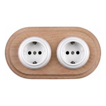 Elhard - Dubbel keramisch retro stopcontact voor huishoudelijk gebruik met afdekraam SCHUKO 230V wit/licht hout