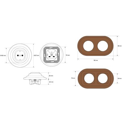 Elhard - Dubbele keramische retro-wandcontactdoos met afdekraam SCHUKO 230V wit/donker hout