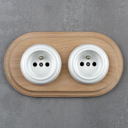 Elhard - Dubbele keramische retro-wandcontactdoos voor thuis met frame 230V wit/licht hout