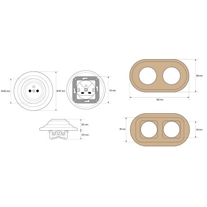 Elhard - Dubbele keramische retro-wandcontactdoos voor thuis met frame 230V wit/licht hout