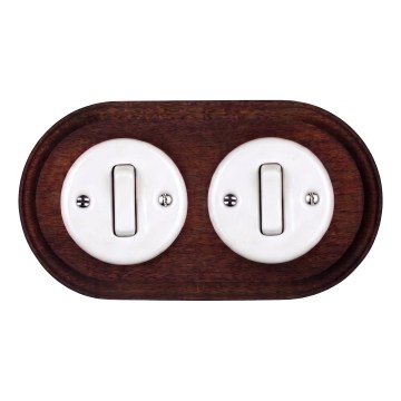 Elhard - Dubbele keramische retro-schakelaar met lijst nr. 1, wit/donker hout