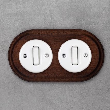 Elhard - Dubbele keramische retro-schakelaar met lijst nr. 1, wit/donker hout