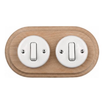 Elhard - Dubbele keramische retro-schakelaar met lijst nr. 1, wit/licht hout