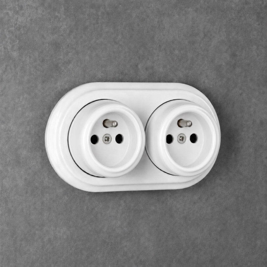 Elhard - Dubbele keramische retro-wandcontactdoos met afdekraam, 230 V, wit