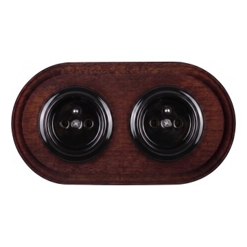Elhard - Dubbele keramische retro wandcontactdoos met afdekraam 230V zwart/donker hout
