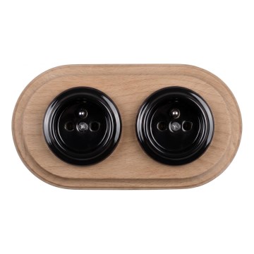 Elhard - Dubbele keramische retro-wandcontactdoos met afdekraam 230V zwart/licht hout
