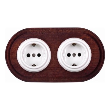 Elhard - Dubbele keramische retro-wandcontactdoos met afdekraam SCHUKO 230V wit/donker hout