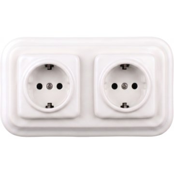 Elhard - Dubbele keramische retro wandcontactdoos met afdekraam SCHUKO 230V wit