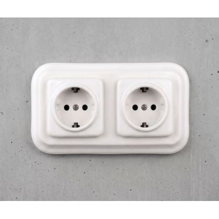 Elhard - Dubbele keramische retro wandcontactdoos met afdekraam SCHUKO 230V wit
