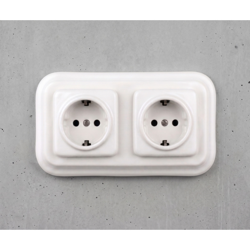Elhard - Dubbele keramische retro wandcontactdoos met afdekraam SCHUKO 230V wit