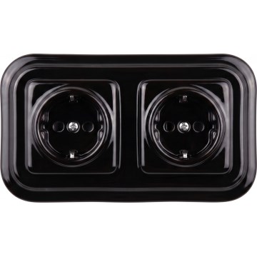 Elhard - Dubbele keramische retro wandcontactdoos met afdekraam SCHUKO 230V zwart