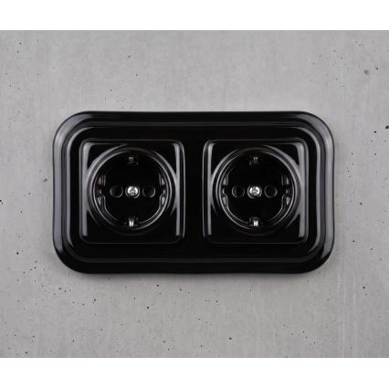 Elhard - Dubbele keramische retro wandcontactdoos met afdekraam SCHUKO 230V zwart