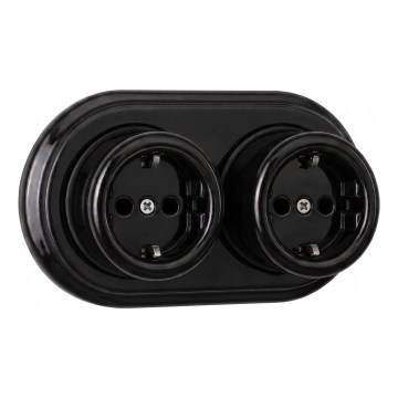 Elhard - Dubbele keramische retro-wandcontactdoos met afdekraam, SCHUKO 230V, zwart