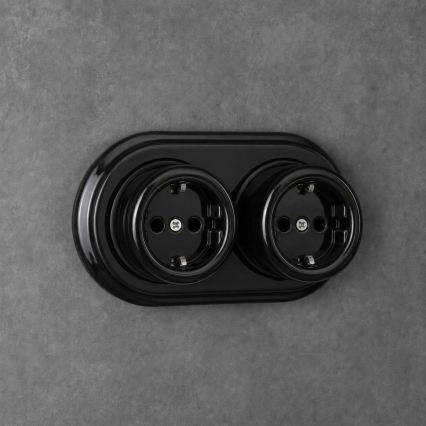 Elhard - Dubbele keramische retro-wandcontactdoos met afdekraam, SCHUKO 230V, zwart