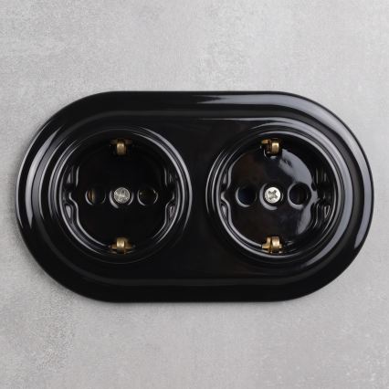 Elhard - Dubbele keramische retro wandcontactdoos met afdekraam SCHUKO 230V zwart