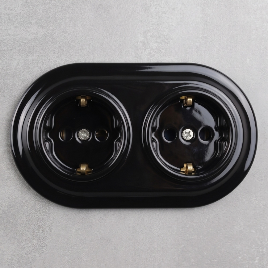 Elhard - Dubbele keramische retro wandcontactdoos met afdekraam SCHUKO 230V zwart