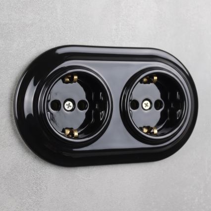 Elhard - Dubbele keramische retro wandcontactdoos met afdekraam SCHUKO 230V zwart