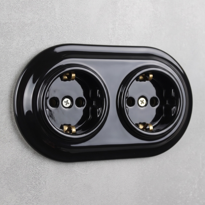 Elhard - Dubbele keramische retro wandcontactdoos met afdekraam SCHUKO 230V zwart