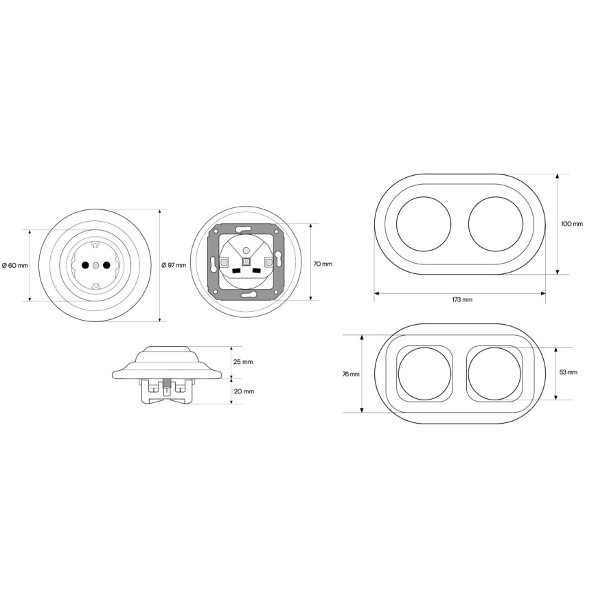 Elhard - Dubbele keramische retro wandcontactdoos met afdekraam SCHUKO 230V zwart