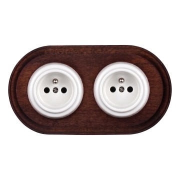 Elhard - Dubbele keramische retro wandcontactdoos met frame 230V wit/donker hout