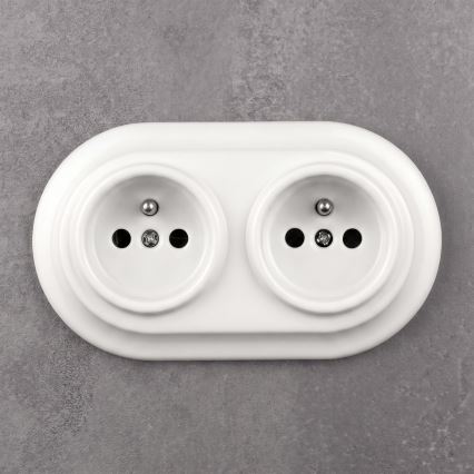 Elhard - Dubbele keramische retro wandcontactdoos met frame 230V wit