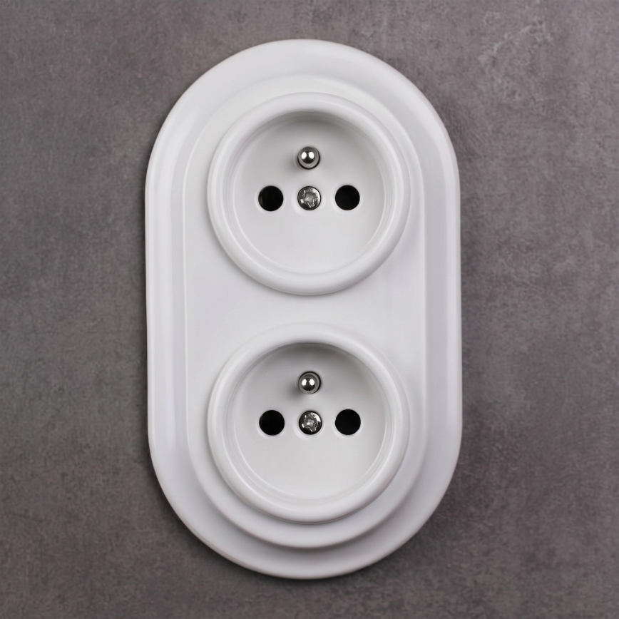 Elhard - Dubbele keramische retro wandcontactdoos met frame 230V wit