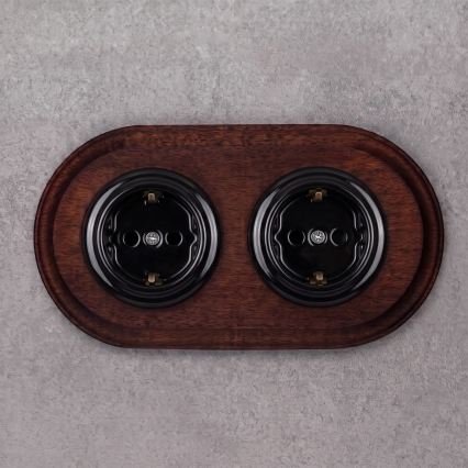 Elhard - Dubbele keramische retro-wandcontactdoos voor huishoudelijk gebruik met afdekraam SCHUKO 230V, zwart/donker hout