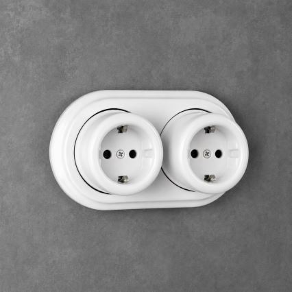 Elhard - Dubbele keramische retro wandcontactdoos met SCHUKO-afdekraam, 230V, wit