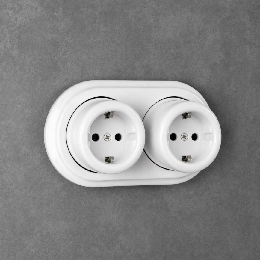 Elhard - Dubbele keramische retro wandcontactdoos met SCHUKO-afdekraam, 230V, wit
