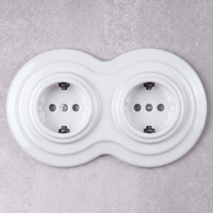 Elhard - Dubbele keramische retro-wandcontactdoos voor huishoudelijk gebruik met afdekraam SCHUKO 230V wit