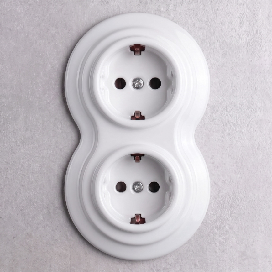 Elhard - Dubbele keramische retro-wandcontactdoos voor huishoudelijk gebruik met afdekraam SCHUKO 230V wit