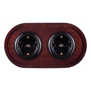 Elhard - Dubbele keramische retro-wandcontactdoos voor huishoudelijk gebruik met afdekraam SCHUKO 230V, zwart/donker hout