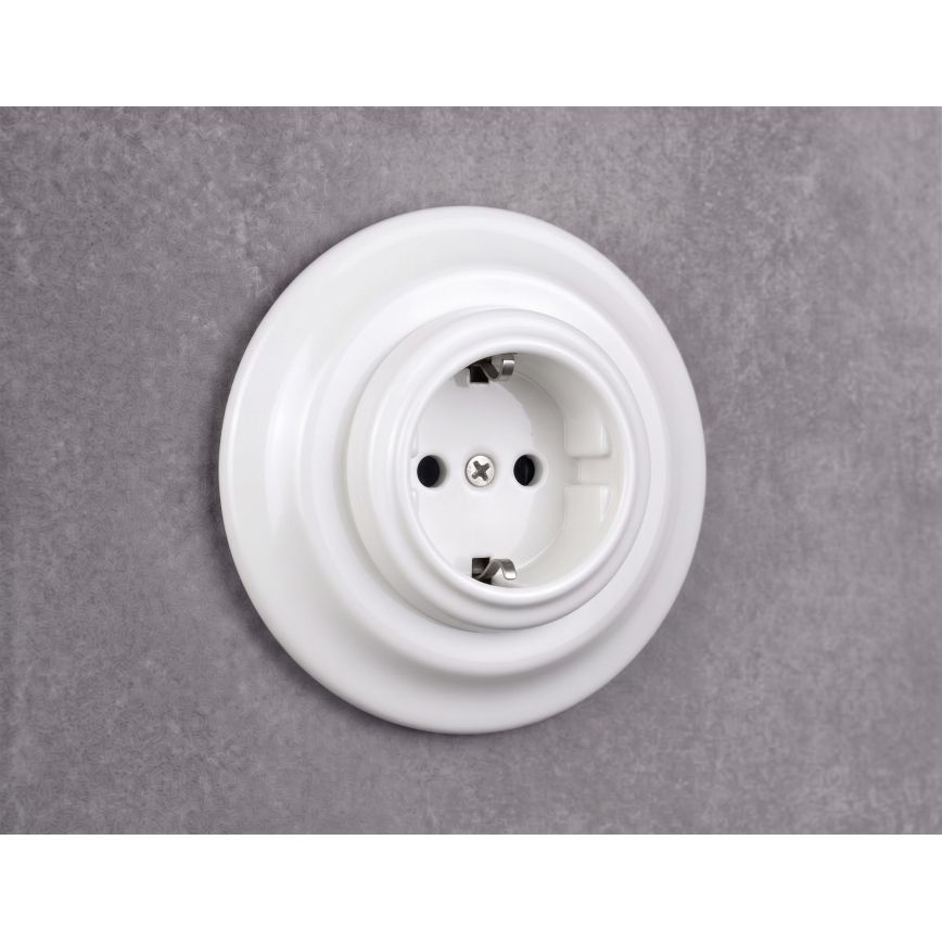 Elhard - Keramisch retro stopcontact voor huishoudelijk gebruik met frame SCHUKO 230V wit
