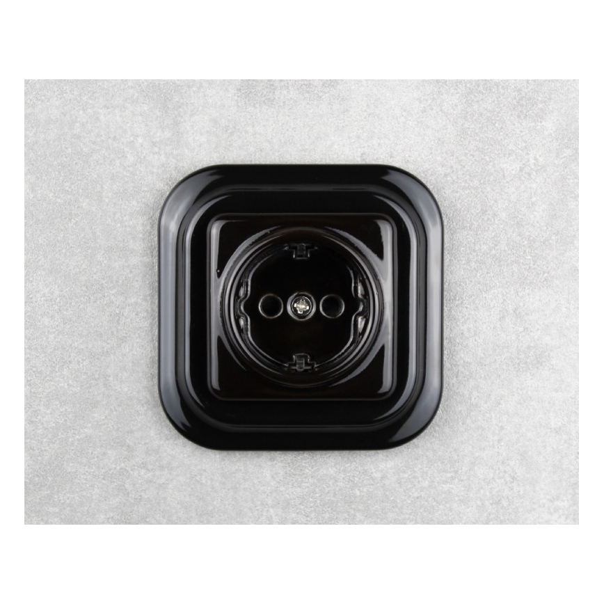 Elhard - Keramisch retro wandcontactdoos met SCHUKO-frame 230V, zwart