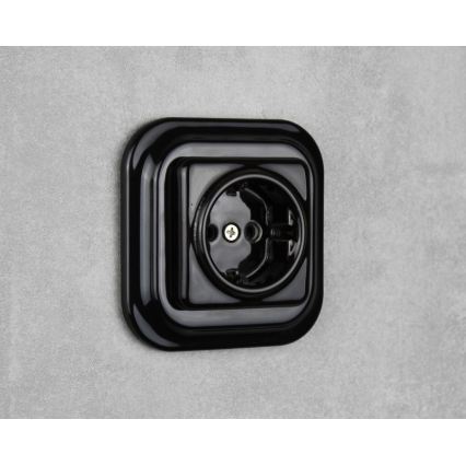 Elhard - Keramisch retro wandcontactdoos met SCHUKO-frame 230V, zwart