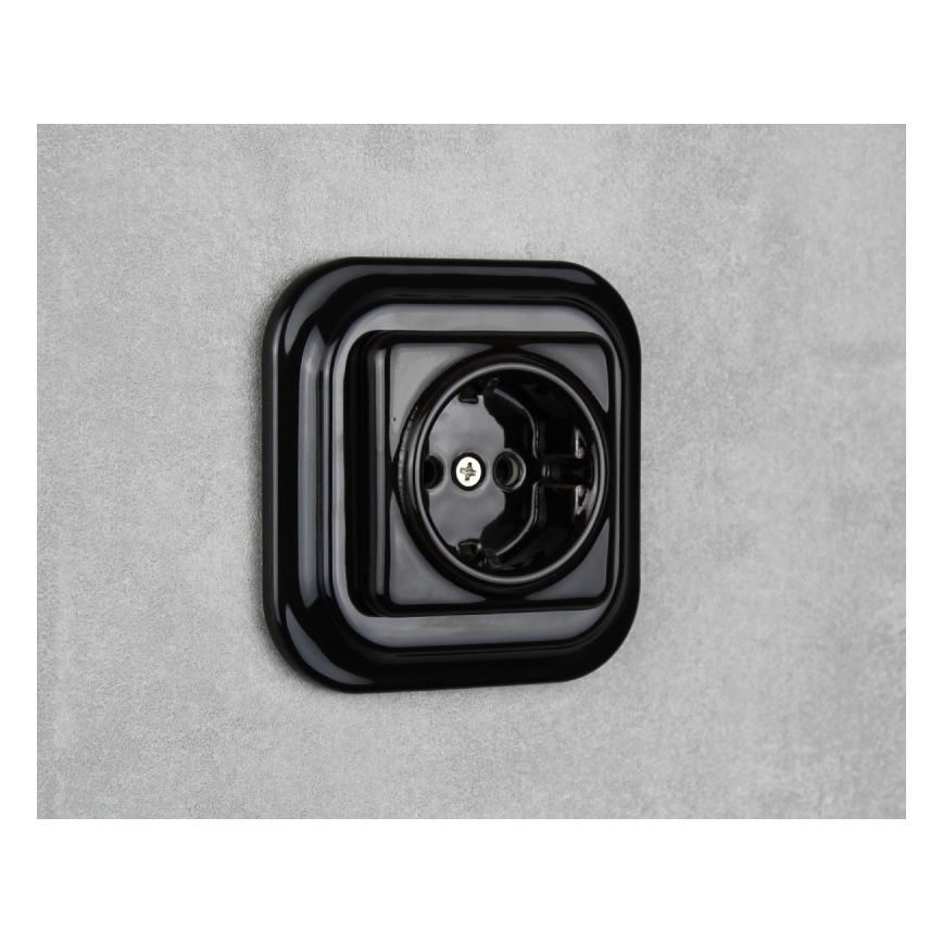 Elhard - Keramisch retro wandcontactdoos met SCHUKO-frame 230V, zwart