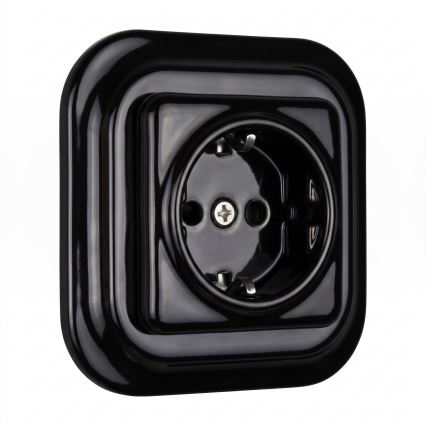 Elhard - Keramisch retro wandcontactdoos met SCHUKO-frame 230V, zwart