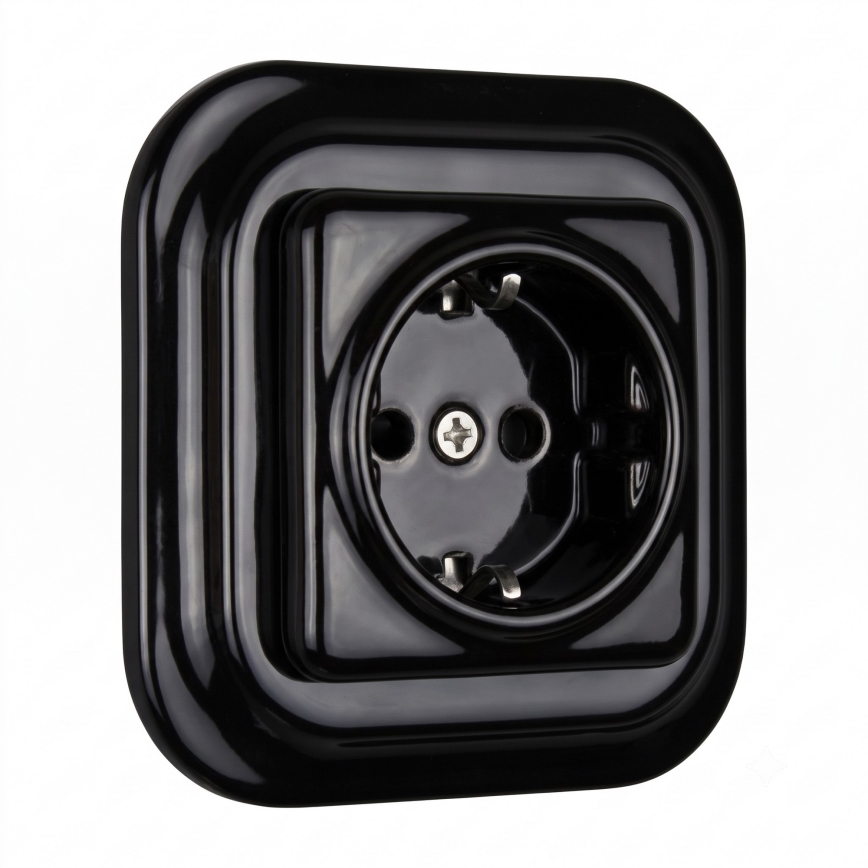 Elhard - Keramisch retro wandcontactdoos met SCHUKO-frame 230V, zwart