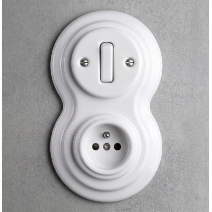 Elhard - Keramische retro 1-voudige schakelaar en 230V stopcontact met afdekraam wit